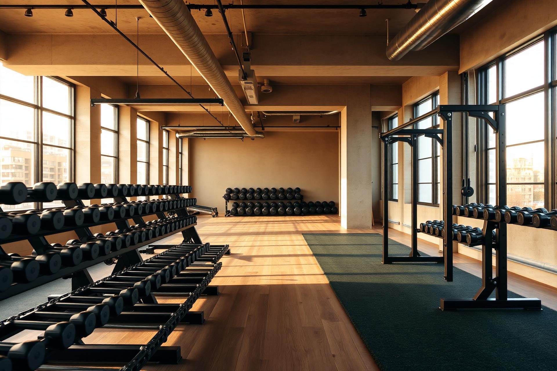 Sunlit gym floor with racks of dumbbells, a pull-up rig and large windows